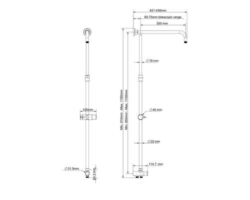 Technický výkres sprchové tyče s rozměry
