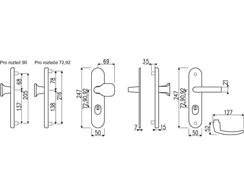 Technický nákres kování dveří s rozměry