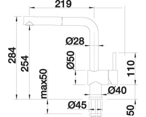 Rozměrový nákres kuchyňské baterie s rozměry 284, 254, maximálně 50, 219, průměr 28, průměr 50, 110, průměr 40 a průměr 45.