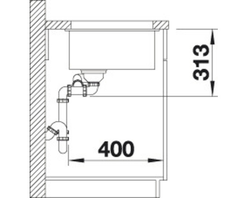 Nákres kuchyňského dřezu s rozměry.