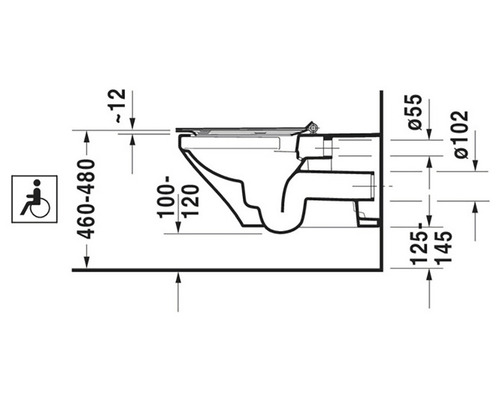 Technický nákres závěsného WC s rozměry a symbolem pro bezbariérový přístup.