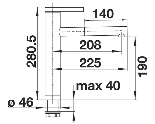 Technický výkres vodovodní baterie s rozměry.
