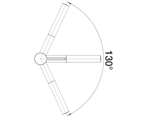 Nákres výrobku s rozsahem otáčení 130 stupňů