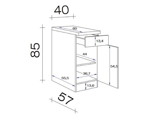 Technický výkres skříně s rozměry