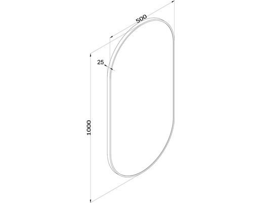 Technický výkres oválného zrcadla o rozměrech 1000 x 500 mm