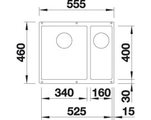 Technický nákres kuchyňského dřezu s rozměry.