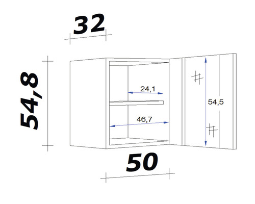Technický nákres závěsné skříňky s rozměry