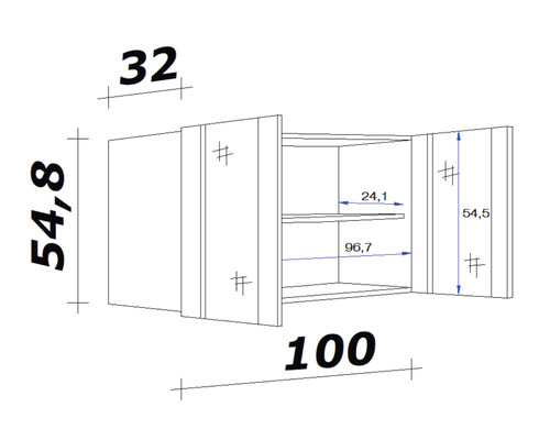 Technický nákres závěsné skříňky s rozměry