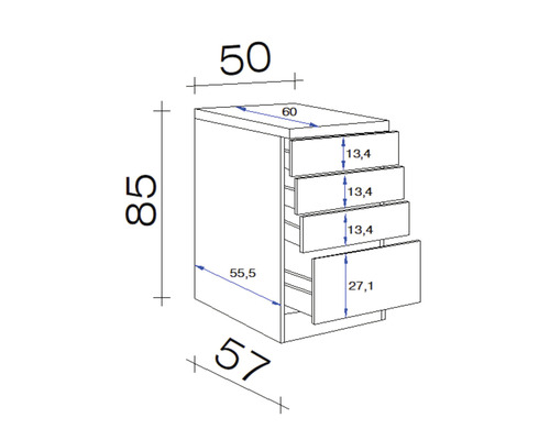 Technický nákres spodní skříňky se čtyřmi zásuvkami a rozměry