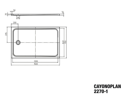 Technický výkres sprchové vaničky Cayonoplan s rozměry