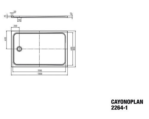Technický nákres sprchové vaničky Cayonoplan s rozměry