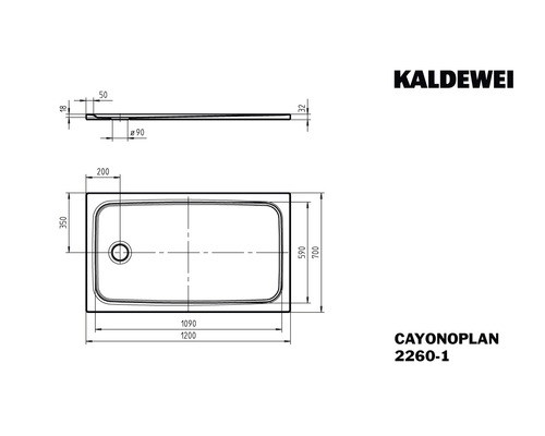 Technický nákres sprchové vaničky Kaldewei CAYONOPLAN s rozměry