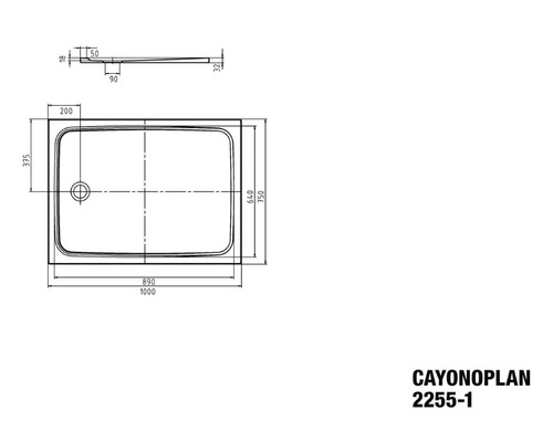 Technický nákres sprchové vaničky Cayonoplan 2255-1 s rozměry