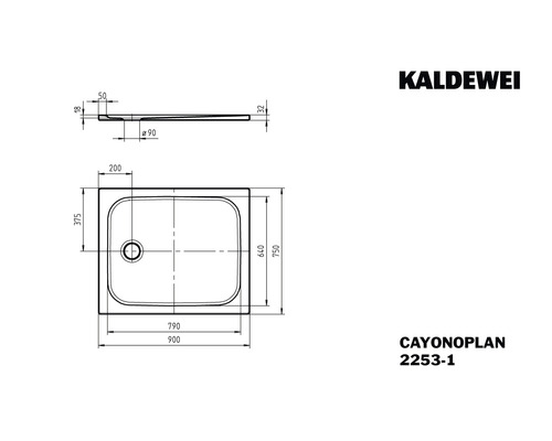 Kaldewei Cayonoplan sprchová vanička, technický nákres