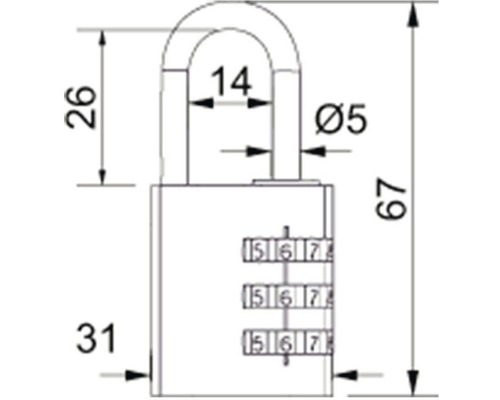Technický výkres číselného zámku s údaji o velikosti