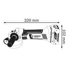 Úhlová bruska Bosch GWS 125 V-LI Professional s rozměry: délka 320 mm, výška 102 mm