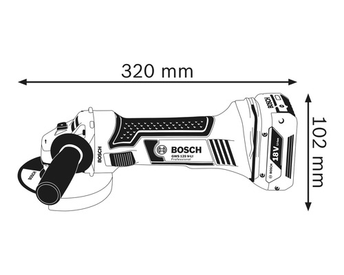 Úhlová bruska Bosch GWS 125 V-LI Professional s rozměry: délka 320 mm, výška 102 mm