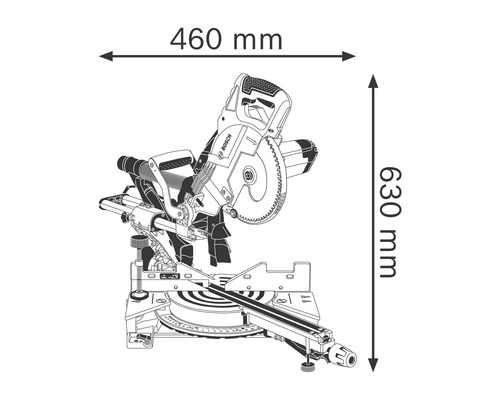 Obrázek pokosové pily o rozměrech 460 mm šířky a 630 mm výšky.