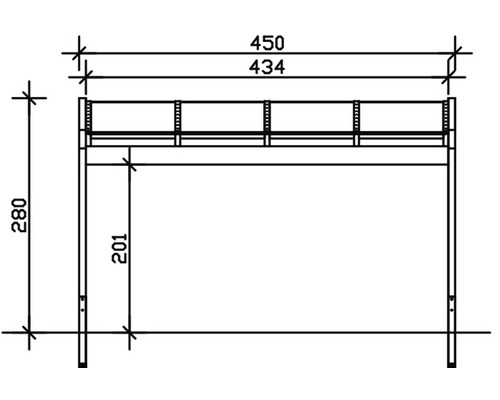 Technický nákres kusu nábytku s rozměry