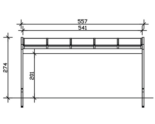 Technický nákres přístřešku o rozměrech 557, 541 a 274