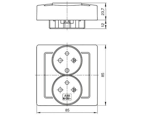 Technický výkres dvojité zásuvky s rozměry