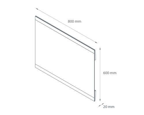 Technický nákres desky o rozměrech 800 mm x 600 mm x 20 mm.