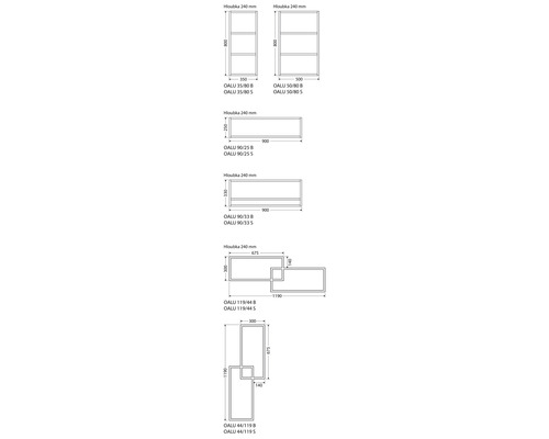Technický nákres různých polic s rozměry
