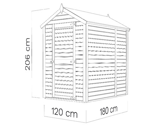 Ilustrace zahradního domku o rozměrech 206 cm na výšku, 120 cm na šířku a 180 cm do hloubky.