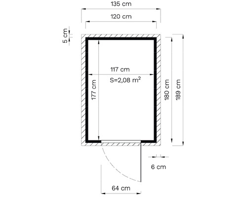 Technický nákres místnosti s dveřmi a rozměry v centimetrech