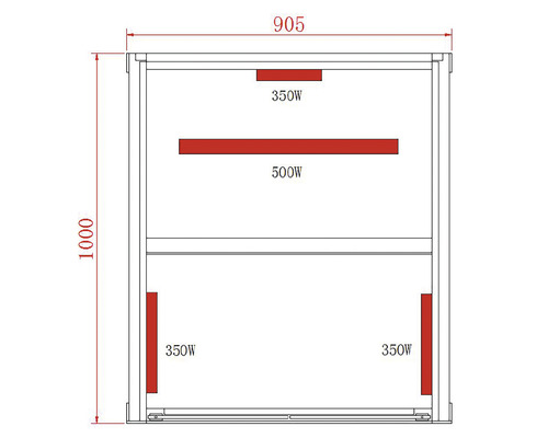 Technický nákres sauny s rozměry a topnými výkony