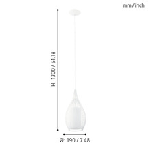 Bílé závěsné svítidlo s rozměry výška 1300 milimetrů, průměr 190 milimetrů