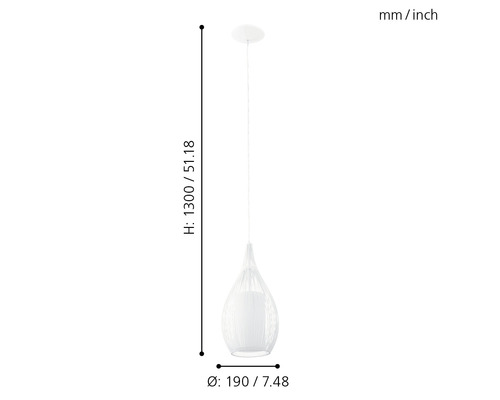 Bílé závěsné svítidlo s rozměry výška 1300 milimetrů, průměr 190 milimetrů