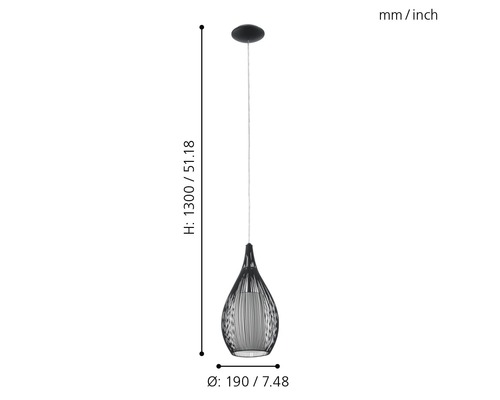 Závěsné svítidlo s rozměry výška 1300 milimetrů, průměr 190 milimetrů