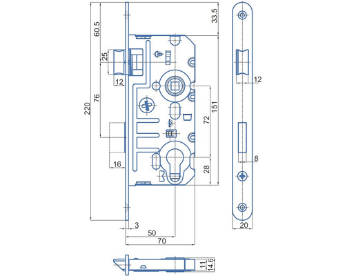 Technický výkres zadlabacího zámku s rozměry