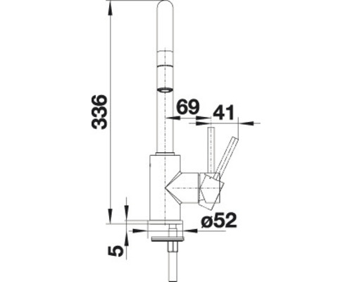 Kresba kuchyňské baterie s rozměry 336, 69, 41 a 52 mm.