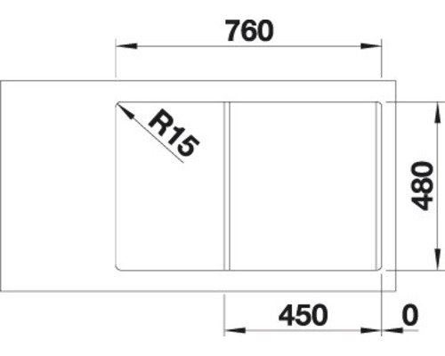 Výkres dřezu s rozměry: 760, 480 a 450.