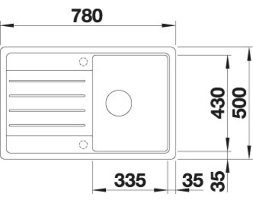 Technický nákres kuchyňského dřezu s rozměry