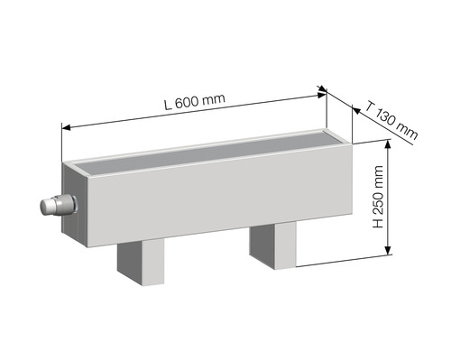 Radiátor s rozměry: délka 600 mm, hloubka 130 mm, výška 250 mm