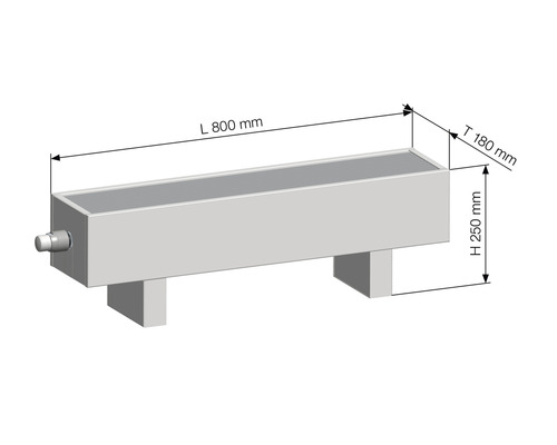Technický výkres topného tělesa o délce 800 milimetrů, hloubce 180 milimetrů a výšce 250 milimetrů