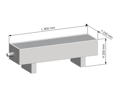 Obrázek radiátoru o rozměrech 800 mm délka, 230 mm hloubka a 250 mm výška