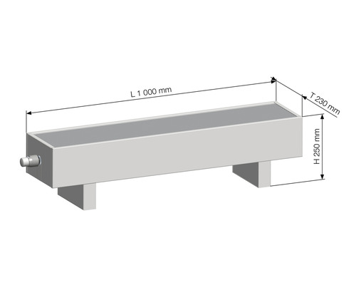 Obrázek atiky vodní stavební kostky s rozměry: délka 1000 mm, hloubka 230 mm, výška 250 mm.