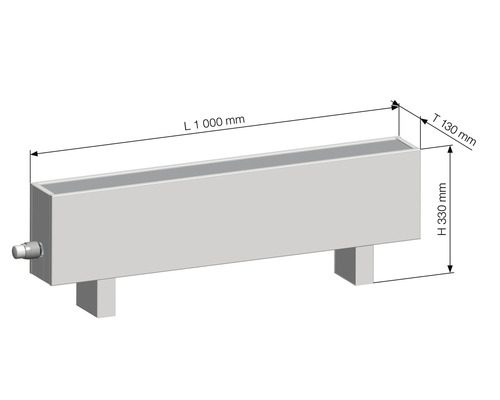 Nákres radiátoru o rozměrech 1000 mm délka, 130 mm hloubka a 330 mm výška