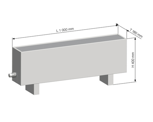Obrázek radiátoru s rozměry 1000 mm délka, 180 mm hloubka a 400 mm výška