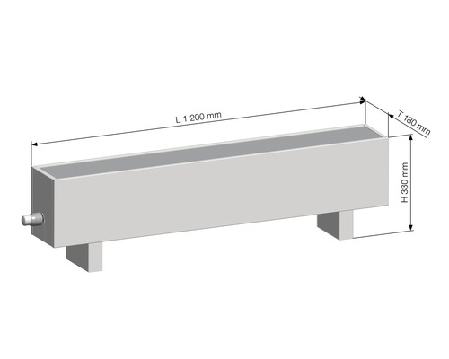 Technický nákres radiátoru o rozměrech 1200 milimetrů délka, 180 milimetrů hloubka a 330 milimetrů výška