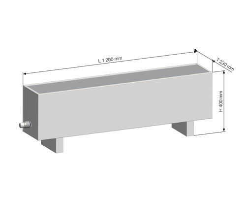 Rozměrové zobrazení truhlíku s rozměry: délka 1200 mm, výška 400 mm, hloubka 230 mm.