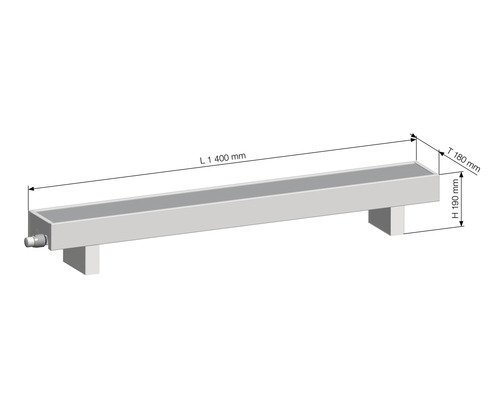 Technický nákres vodního žlabu o rozměrech 1400 mm délka, 180 mm hloubka a 190 mm výška