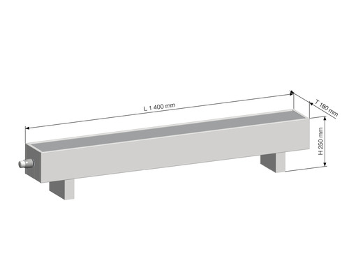 Technický výkres truhlíku s rozměry 1400 mm délka, 180 mm hloubka a 250 mm výška.