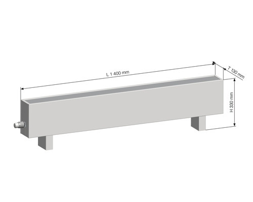Obrázek radiátoru o rozměrech délka 1400 milimetrů, hloubka 130 milimetrů a výška 330 milimetrů