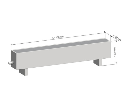 Technický nákres napáječky o rozměrech délka 1400 milimetrů, hloubka 180 milimetrů a výška 330 milimetrů.