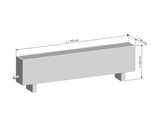 Ilustrace topného tělesa o rozměrech 1400 mm délka, 400 mm výška a 180 mm hloubka.